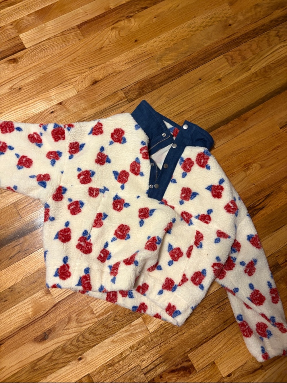 Vici White Sherpa Pullover with Red Rose and Blue Accents